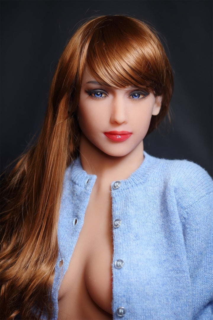 166 cm große blonde Fire Sex doll im blauen Mantel